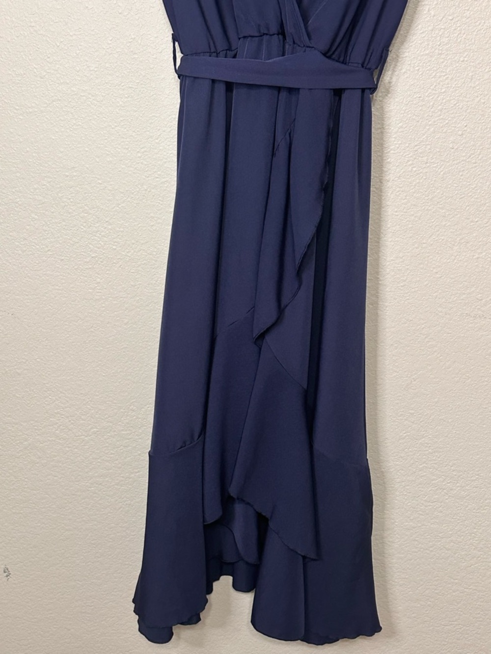 Navy Wrap Midi Dress with Ruffle Sleeves and Ruffle Bottom Hem Size XL - Picture 3 of 5